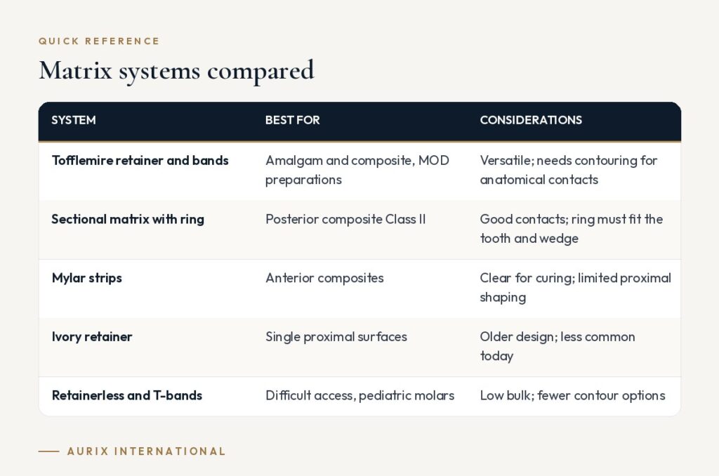 Quick reference table: Matrix systems compared