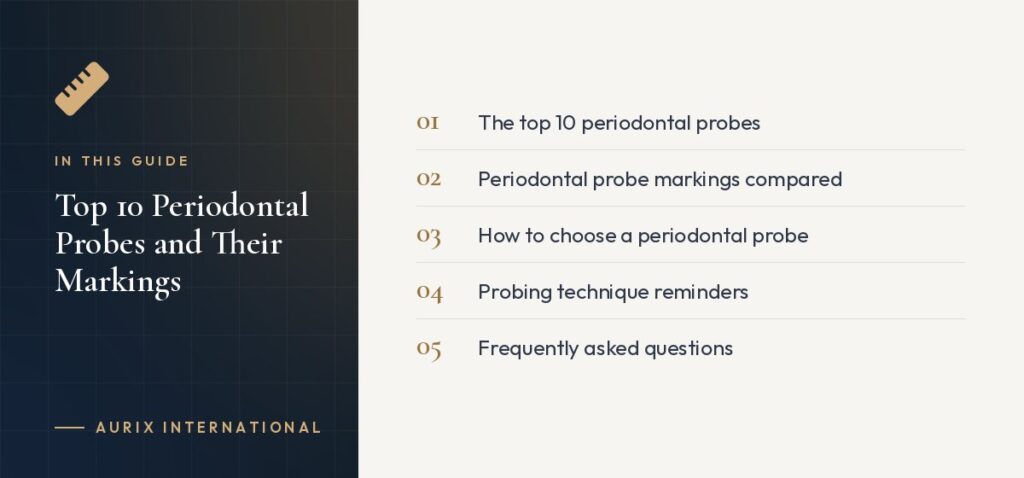 In this guide: The top 10 periodontal probes, Periodontal probe markings compared, How to choose a periodontal probe, Probing technique reminders, Frequently asked questions