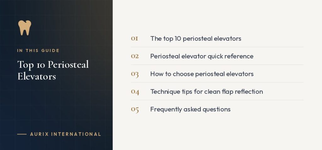 In this guide: The top 10 periosteal elevators, Periosteal elevator quick reference, How to choose periosteal elevators, Technique tips for clean flap reflection, Frequently asked questions