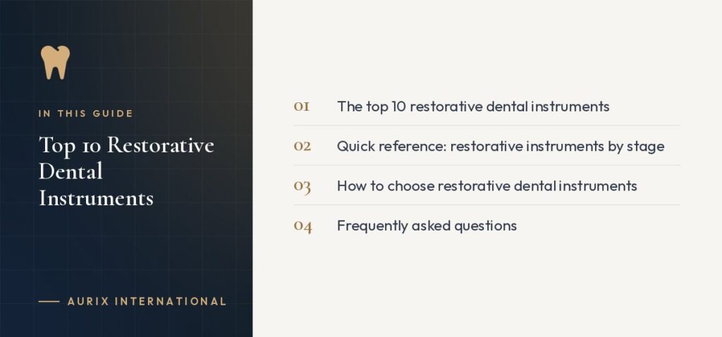 In this guide: The top 10 restorative dental instruments, Quick reference: restorative instruments by stage, How to choose restorative dental instruments, Frequently asked questions
