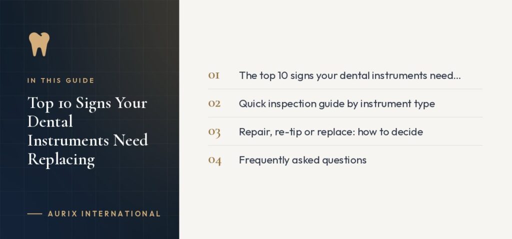 In this guide: The top 10 signs your dental instruments need replacing, Quick inspection guide by instrument type, Repair, re-tip or replace: how to decide, Frequently asked questions