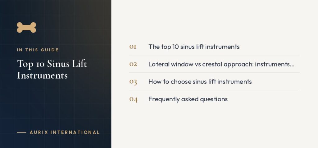 In this guide: The top 10 sinus lift instruments, Lateral window vs crestal approach: instruments compared, How to choose sinus lift instruments, Frequently asked questions