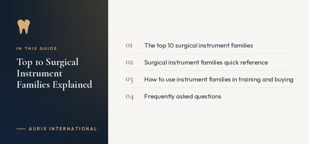 In this guide: The top 10 surgical instrument families, Surgical instrument families quick reference, How to use instrument families in training and buying, Frequently asked questions