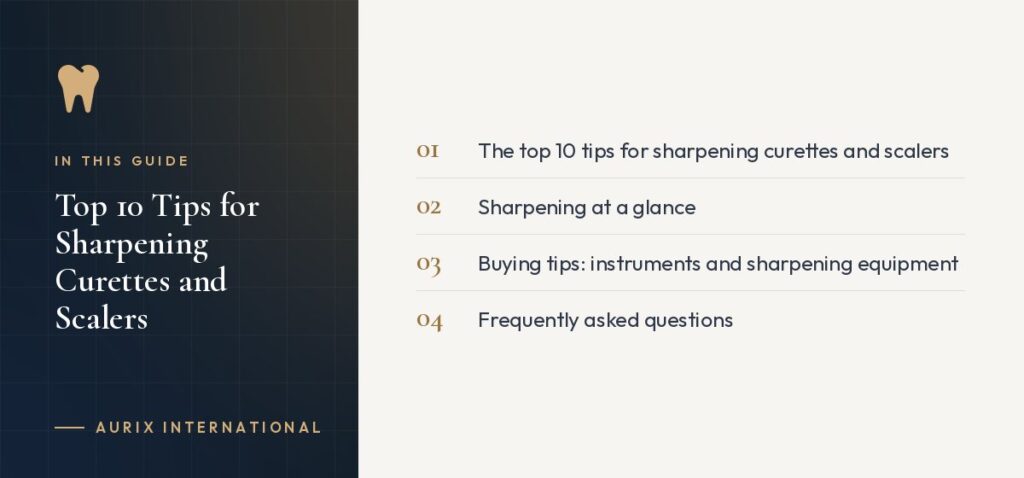 In this guide: The top 10 tips for sharpening curettes and scalers, Sharpening at a glance, Buying tips: instruments and sharpening equipment, Frequently asked questions