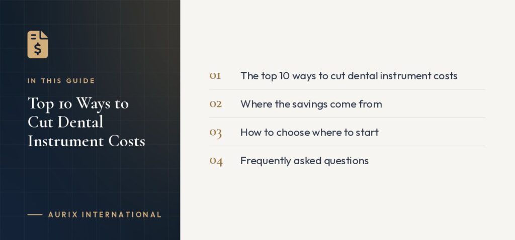 In this guide: The top 10 ways to cut dental instrument costs, Where the savings come from, How to choose where to start, Frequently asked questions