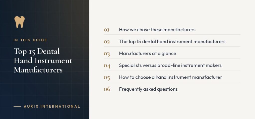 In this guide: How we chose these manufacturers, The top 15 dental hand instrument manufacturers, Manufacturers at a glance, Specialists versus broad-line instrument makers, How to choose a hand instrument manufacturer, Frequently asked questions