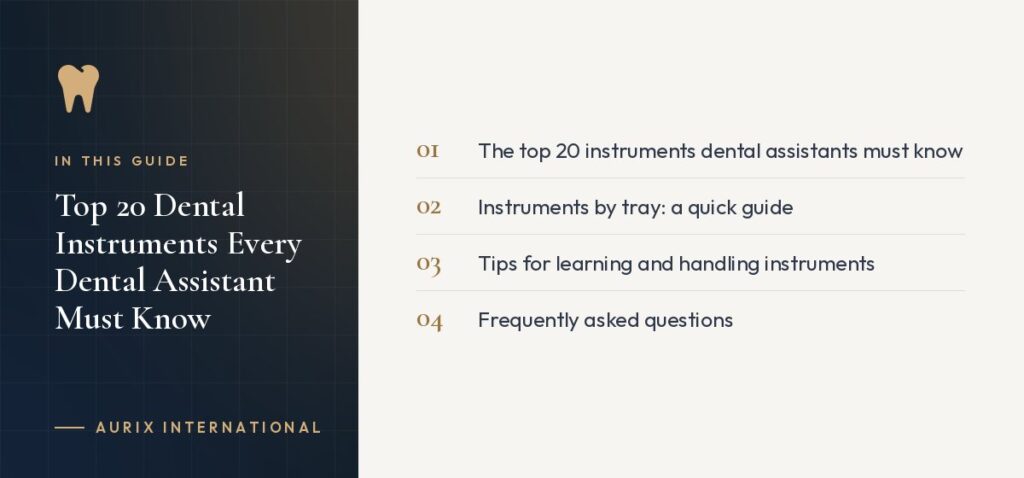 In this guide: The top 20 instruments dental assistants must know, Instruments by tray: a quick guide, Tips for learning and handling instruments, Frequently asked questions