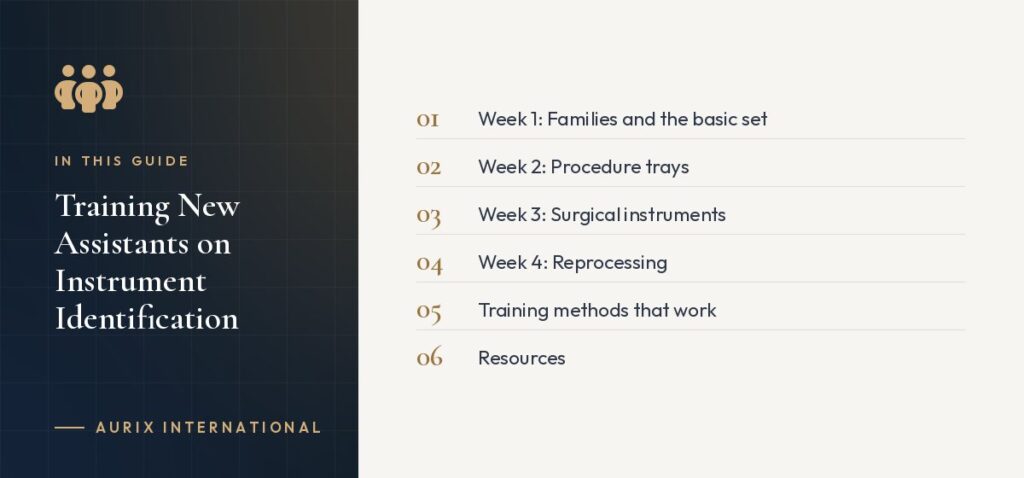 In this guide: Week 1: Families and the basic set, Week 2: Procedure trays, Week 3: Surgical instruments, Week 4: Reprocessing, Training methods that work, Resources