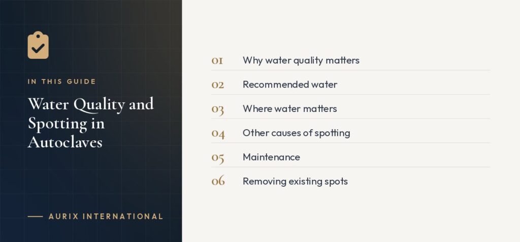 In this guide: Why water quality matters, Recommended water, Where water matters, Other causes of spotting, Maintenance, Removing existing spots