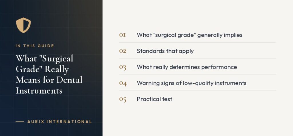 In this guide: What "surgical grade" generally implies, Standards that apply, What really determines performance, Warning signs of low-quality instruments, Practical test