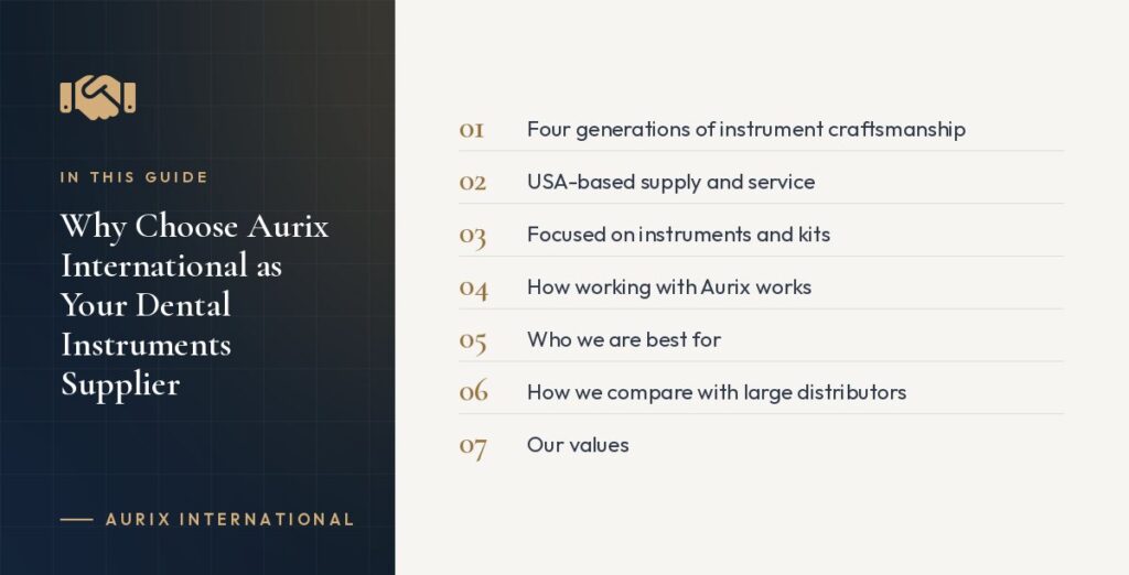 In this guide: Four generations of instrument craftsmanship, USA-based supply and service, Focused on instruments and kits, How working with Aurix works, Who we are best for, How we compare with large distributors, Our values
